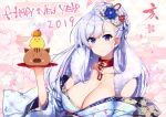  1girl 2019 azur_lane belfast_(azur_lane) blue_eyes blue_hair breasts chains cleavage collar collarbone commentary_request flower fur-trimmed_kimono fur_trim hair_flower hair_ornament happy_new_year highres holding holding_plate japanese_clothes kimono large_breasts long_hair new_year off-shoulder_kimono plate raiou smile solo 