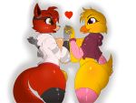  &lt;3 2019 animatronic anthro avian beak big_breasts breasts bulge canid canine chica_(fnaf) clothing dickgirl digital_media_(artwork) duo eye_contact eyelashes female five_nights_at_freddy&#039;s fox foxy_(fnaf) hand_holding huge_breasts intersex legwear looking_at_another machine mammal robot simple_background smile suirano video_games 
