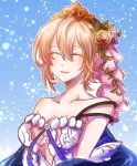  1girl blonde_hair breasts cleavage collarbone diadem europa_(granblue_fantasy) eyes_closed flower granblue_fantasy hair_flower hair_ornament hair_over_one_eye medium_breasts off_shoulder orange_flower pashi_(pasi_gbf) purple_flower short_hair solo upper_body 