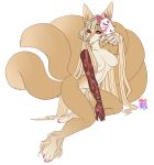  2019 4_toes 5_fingers anthro breasts canid canine digital_media_(artwork) digitigrade female mammal nipples pussy red_eyes sitting smile solo toes vashaa 