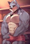  2019 666yubazi abs anthro biceps canid canine canis clothing fur hi_res kemono male mammal muscular muscular_male nipples pecs simple_background solo 