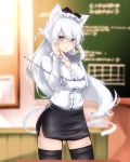  1girl absurdres adjusting_eyewear alternate_costume animal_ear_fluff animal_ears arm_under_breasts azur_lane bespectacled black_legwear black_skirt blue_eyes blurry blurry_background blush bow breasts cat_ears cat_tail chalkboard classroom collarbone collared_shirt commentary floating_hair frilled_shirt frills glasses hair_bow hammann_(azur_lane) highres indoors light_particles long_hair looking_at_viewer medium_breasts open_mouth pencil_skirt rurekuchie shirt skirt solo standing sweatdrop table tail teacher thighhighs white_hair white_shirt 