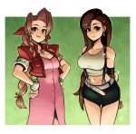  2girls absurdres aerith_gainsborough arms_behind_back bare_shoulders belt black_skirt bow braid breasts brown_hair cleavage closed_mouth collarbone commentary cropped_jacket dress earrings elbow_gloves elbow_pads final_fantasy final_fantasy_vii fingerless_gloves gloves green_eyes hair_ribbon hands_on_hips highres jewelry long_dress long_hair low-tied_long_hair midriff miniskirt multiple_girls navel pencil_skirt pink_dress ponytail ravenousruss red_bow ribbon shirt simple_background single_braid skirt smile standing suspender_skirt suspenders tank_top taut_clothes taut_shirt tifa_lockhart very_long_hair 