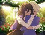  2girls amazuki_jou andou_(girls_und_panzer) bangs bc_freedom_school_uniform black_hair black_skirt black_vest blonde_hair blue_sweater blurry blurry_background commentary dark_skin day depth_of_field dress_shirt eyes_closed garden girls_und_panzer hug long_sleeves medium_hair messy_hair multiple_girls open_mouth oshida_(girls_und_panzer) outdoors rose_bush school_uniform shirt skirt sunlight sweater sweater_around_neck vest white_shirt yuri 