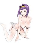  1girl artist_name breasts censored collarbone cowboy_bebop faye_valentine full_body garter_straps green_eyes hair_intakes hairband kneeling large_breasts looking_at_viewer panties parted_lips purple_hair relaxjon short_hair signature simple_background sketch solo thighhighs topless underwear white_background white_legwear white_panties 