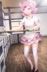  1girl 3d_background baking_sheet casual chromatic_aberration collarbone commentary doki_doki_literature_club english_commentary food full_body hair_ornament hair_ribbon hairclip highres indoors kitchen natsuki_(doki_doki_literature_club) oven_mitts pastry pink_eyes pink_hair pink_skirt red_ribbon ribbon shirt short_hair short_sleeves skirt smile solo sparkle thighhighs tsukimaru two_side_up white_legwear white_shirt zettai_ryouiki 