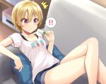  !! 1girl bangs blonde_hair blurry blush breasts cleavage collarbone couch denim denim_shorts depth_of_field dripping eyebrows_visible_through_hair food hair_between_eyes holding holding_food idolmaster idolmaster_shiny_colors lying medium_breasts melting oga_raito on_back popsicle purple_eyes saijou_juri shirt short_hair short_shorts shorts solo t-shirt tsurime 