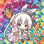  :&lt; :d animal_ears bangs bikkuriman_(style) bobby_socks bunny_ears carrot character_name chibi closed_mouth dress eyebrows_visible_through_hair flower_knight_girl full_body hair_ornament hair_ribbon heart heart_hair_ornament long_hair long_sleeves o_o open_mouth outstretched_arms parody pink_dress pink_ribbon pitchfork puffy_long_sleeves puffy_sleeves red_footwear ribbon rinechun shoes sleeves_past_wrists smile socks spread_arms standing standing_on_one_leg stuffed_animal stuffed_bunny stuffed_toy two_side_up usagigoke_(flower_knight_girl) v-shaped_eyebrows very_long_hair white_legwear |_| 