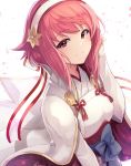  1girl closed_mouth fire_emblem fire_emblem_if hair_ornament hairband highres japanese_clothes nakabayashi_zun nintendo pink_eyes pink_hair sakura_(fire_emblem_if) short_hair simple_background smile solo upper_body white_background 