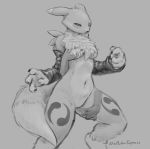  2019 4_fingers anthro biped breast_grab breasts canid chest_tuft digimon digimon_(species) digital_media_(artwork) digitigrade dipstick_ears disembodied_hand featureless_crotch female fluffy fluffy_tail grope hand_on_breast hi_res mammal markings monochrome napalm_express navel portrait renamon sleeves small_breasts thigh_rub three-quarter_portrait tuft 
