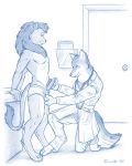  2005 anthro ball_fondling ball_grab balls briefs bulge canid canine canis clothed clothing colored_pencil_(artwork) doctor duo erection exam_table examination felid fondling fur genital_examination hair kneeling lion male male/male mammal medical navel pantherine patient penis penis_fondling standing stethoscope taurin_fox traditional_media_(artwork) underwear underwear_pull wolf 
