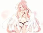  1girl angel_wings breasts cleavage closed_mouth commentary_request feathered_wings halo jibril_(no_game_no_life) kneeling large_breasts long_hair low_wings magic_circle millipen_(medium) navel no_game_no_life nude paintschainer pink_eyes pink_hair potekite smile solo tattoo traditional_media very_long_hair white_wings wing_ears wings 