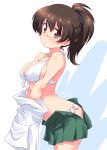  1girl :o arched_back bangs bikini bikini_under_clothes black_ribbon blouse blush breasts brown_eyes brown_hair cleavage closed_mouth commentary cowboy_shot dated eyebrows_visible_through_hair front-tie_bikini front-tie_top frown girls_und_panzer green_skirt hair_ribbon highres koyama_yuzu kuzuryuu_kennosuke leaning_forward looking_at_viewer medium_breasts medium_hair miniskirt navel ooarai_school_uniform open_clothes open_skirt parted_lips pleated_skirt ribbon school_uniform shirt_pull short_ponytail side-tie_bikini simple_background skindentation skirt solo standing swimsuit twitter_username white_background white_bikini white_blouse 