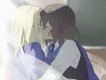  2girls amazuki_jou andou_(girls_und_panzer) backlighting bangs bc_freedom_school_uniform black_hair black_vest blonde_hair blue_neckwear blue_sweater blurry blurry_background classroom curtains dark_skin day depth_of_field diagonal_stripes dress_shirt eyes_closed facing_another from_side girls_und_panzer indoors kiss leaning_forward light_particles long_sleeves medium_hair messy_hair multiple_girls necktie oshida_(girls_und_panzer) red_neckwear school_uniform shirt striped striped_neckwear sunlight sweater sweater_around_neck upper_body vest white_shirt window wing_collar yuri 