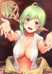  1girl :d ahoge bangs blush braid breasts cleavage collarbone commentary_request cover cover_page doujin_cover elf eyebrows_visible_through_hair green_hair h_kasei large_breasts long_hair looking_at_viewer navel open_clothes open_mouth original outstretched_arms pointy_ears purple_eyes smile solo sweat upper_teeth wet wet_clothes 