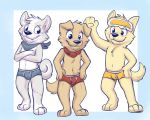  5:4 anthro bandanna blush briefs bulge canid canine canis chest_tuft clothing collar crossed_arms cute_fangs domestic_dog eyewear fur gaokun goggles group hi_res male mammal navel red_underwear simple_background standing tuft underwear white_fur yellow_fur yellow_underwear young 