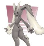  2019 4_fingers anthro biped butt digital_media_(artwork) female floppy_ears fur lagomorph long_ears long_eyebrows looking_at_viewer lopunny mammal monochrome napalm_express nintendo nude open_mouth open_smile partially_colored pok&eacute;mon pok&eacute;mon_(species) short_tail signature smile solo standing two_tone_ears video_games wrist_tuft 