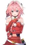  1boy :d androgynous astolfo_(fate) bare_shoulders black_bow bow braid commentary elbow_gloves fate/apocrypha fate_(series) gloves hair_bow hair_intakes hat highres looking_at_viewer male_focus navel navel_cutout open_mouth pink_eyes pink_hair pom_pom_(clothes) red_gloves santa_costume santa_hat simple_background single_braid smile sumisu_(mondo) trap upper_body white_background 