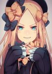  1girl abigail_williams_(fate/grand_order) bangs black_bow black_dress black_headwear blonde_hair blue_eyes blush bow brown_background commentary_request dress evil_grin evil_smile fate/grand_order fate_(series) fingernails forehead grin hair_bow hands_up hat interlocked_fingers long_hair long_sleeves looking_at_viewer orange_bow parted_bangs polka_dot polka_dot_bow revision shimozuki_shio simple_background sleeves_past_wrists smile solo upper_body very_long_hair 