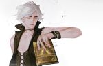  1boy bare_shoulders black_coat book bracelet closed_mouth coat devil_may_cry devil_may_cry_5 devil_trigger eyes_closed holding holding_book jewelry kenny_(poe90) necklace ring signature simple_background smile solo tooth_necklace twitter_username upper_body v_(devil_may_cry) white_background white_hair 
