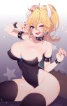  1girl ;d ;q absurdres bare_shoulders black_legwear black_leotard black_nails blonde_hair blue_eyes bowsette bracelet breasts brooch claw_pose collar covered_navel crown earrings eyebrows_visible_through_hair fang fingernails gradient gradient_background hair_between_eyes highres horns jewelry large_breasts leotard long_hair looking_at_viewer mario_(series) nail_polish nanoless new_super_mario_bros._u_deluxe nintendo one_eye_closed open_mouth paid_reward patreon_reward ponytail sharp_fingernails sharp_teeth simple_background smile solo spiked_armlet spiked_bracelet spiked_collar spikes star starry_background super_crown tail teeth thick_eyebrows thighhighs tongue tongue_out 