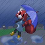  ailurid bit-small bit_(bit-small) boots clothed clothing footwear hi_res mammal outside puddle raining red_panda simple_background smile solo standing umbrella water 
