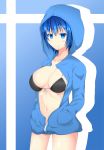  1girl bikini black_bikini blue_eyes blue_hair blue_hoodie breasts highres hood hoodie large_breasts navel original short_hair smile solo swimsuit yumetsuki_kako 