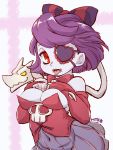  1girl alternate_hairstyle bare_shoulders blue_skin breasts cleavage eyepatch hair_ribbon highres looking_at_viewer medium_breasts open_mouth purple_hair red_eyes ribbon short_hair skullgirls solo squigly_(skullgirls) tongue tongue_out zombie 