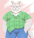  2019 anthro belly blue_eyes blush bovid caprine clothing goat hi_res humanoid_hands jumperbear male mammal overweight overweight_male pants shirt simple_background solo 