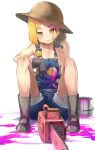  1girl :t badge bandaid bandaid_on_cheek bandaid_on_knee blonde_hair blush boots button_badge chainsaw collarbone commentary_request fate/grand_order fate_(series) full_body hand_on_own_cheek hat highres naked_overalls overalls paint_can paint_splatter paul_bunyan_(fate/grand_order) short_hair smiley_face solo straw_hat sumisu_(mondo) v-shaped_eyebrows yellow_eyes 
