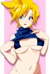  1girl asurin blonde_hair blue_eyes blush breasts cloud_strife commentary_request final_fantasy final_fantasy_vii genderswap genderswap_(mtf) groin medium_breasts navel open_mouth ribbed_sweater short_hair solo sweater swimsuit undressing 