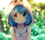  1girl aoi_tori blue_eyes blue_hair grin hood original outdoors shirt short_hair smile solo upper_body white_shirt 