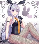  1girl alternate_costume animal_print artist_request bare_arms bare_shoulders black_gloves braid breasts bunny_hair_ornament bunny_print bunnysuit commentary_request danganronpa danganronpa_1 dot_nose eyebrows_visible_through_hair fishnet_legwear fishnet_pantyhose fishnets from_side gloves hair_ornament heart heart_print highres kirigiri_kyouko long_hair looking_at_viewer medium_breasts nabekokoa necktie orange_neckwear pantyhose purple_eyes purple_hair side_braid single_braid sitting solo 