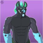  2019 abs absurd_res antimatter_(character) blue_eyes clothing cross_eyes dahurgthedragon eyebrows fangs fur grey_fur hi_res hyaenid in-ear_fur male mammal mane muscular muscular_male navel shorts simple_background smile solo spots spotted_hyena tongue tongue_out watermark white_outline 