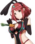  1girl animal_ears bangs bare_shoulders between_breasts breasts bunny_ears bunny_girl bunny_tail bunnysuit carrot cleavage covered_navel duplicate earrings fake_animal_ears fingerless_gloves gem gloves hair_ornament headpiece highres homura_(xenoblade_2) j@ck jewelry large_breasts nintendo red_eyes red_hair red_shorts short_hair shorts sidelocks simple_background solo swept_bangs tail tiara white_background xenoblade_(series) xenoblade_2 