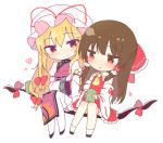  2girls :t ascot bare_shoulders black_footwear blonde_hair bow brown_hair chibi commentary_request cup dango detached_sleeves dress food frilled_bow frills full_body gap hair_bow hair_tubes hakurei_reimu hat hat_ribbon heart holding holding_cup holding_food jitome juliet_sleeves long_hair long_sleeves looking_at_another mob_cap multiple_girls pantyhose petticoat puffy_sleeves red_bow red_eyes red_ribbon red_skirt ribbon sanshoku_dango shinoba shoes sidelocks simple_background sitting skirt skirt_set smile socks tabard touhou very_long_hair wagashi white_background white_dress white_headwear white_legwear wide_sleeves yakumo_yukari yellow_eyes yellow_neckwear 