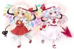  2girls ascot bat_wings blonde_hair bright_pupils closed_mouth collared_dress dress flandre_scarlet frilled_shirt frills hat holding holding_spear holding_weapon laevatein lavender_hair long_hair looking_at_viewer mary_janes mob_cap multiple_girls open_mouth orange_eyes pink_eyes pink_wings polearm puffy_short_sleeves puffy_sleeves red_footwear red_neckwear red_skirt remilia_scarlet shirt shoes short_hair short_sleeves siblings side_ponytail sisters skirt skirt_set smile socks spear spear_the_gungnir touhou weapon white_dress white_headwear white_legwear white_pupils wings yellow_neckwear yoshishi_(yosisitoho) 