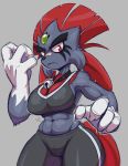  2019 abs angry anthro bandage bell big_hands bra breasts claws cleavage clothed clothing conditional_dnp elgiza fangs female grey_background looking_at_viewer midriff navel nintendo pok&eacute;mon pok&eacute;mon_(species) red_eyes signature simple_background solo sports_bra teckworks thick_thighs underwear video_games weavile wide_hips 
