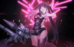  1girl absurdres architect_(girls_frontline) armpits asymmetrical_clothes bangs black_hair black_legwear blush breasts character_name cleavage cowboy_shot eyebrows_visible_through_hair girls_frontline grin gun hair_ornament highres holding holding_gun holding_weapon inpamas light_particles long_hair looking_at_viewer medium_breasts nail_polish one_eye_closed pale_skin pink_eyes pink_nails purple_eyes sangvis_ferri side_ponytail sidelocks smile solo thighhighs v very_long_hair weapon 