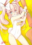  :3 animal_ear_fluff animal_ears armpits arms_up bare_shoulders blonde_hair blue_eyes bow bunny_ears bunny_girl bunny_tail bunnysuit covered_navel curly_hair hair_bow leotard long_hair mayuzaki_yuu open_mouth original pantyhose ribbon smile strapless strapless_leotard tail twintails white_legwear white_leotard 