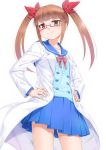  1girl bangs blue_sailor_collar blue_serafuku blue_shirt blue_skirt blunt_bangs blush bow brown_eyes brown_hair closed_mouth commentary_request eyebrows_visible_through_hair glasses hair_ribbon hands_on_hips idolmaster idolmaster_cinderella_girls ikebukuro_akiha labcoat long_sleeves miri_(ago550421) pink-framed_eyewear pleated_skirt red_bow red_ribbon ribbon sailor_collar semi-rimless_eyewear shirt sidelocks signature simple_background skirt smile solo twintails under-rim_eyewear white_background 