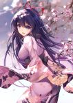  1girl arms_behind_back bangs bison_cangshu blurry blurry_background blush breasts cherry_blossoms date_a_live floating_hair from_behind hair_between_eyes highres japanese_clothes kimono long_hair looking_at_viewer looking_back medium_breasts obi open_mouth ponytail purple_eyes purple_hair purple_kimono ribbon sash smile solo very_long_hair wide_sleeves wind yatogami_tooka 