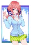  1girl absurdres bangs blue_cardigan blue_eyes blush breasts buttons cellphone chestnut_mouth cleavage collarbone collared_shirt commentary_request cowboy_shot go-toubun_no_hanayome green_skirt hair_between_eyes hands_up headphones highres holding holding_headphones holding_phone large_breasts lebring long_hair looking_at_viewer miniskirt nakano_miku parted_lips phone pleated_skirt red_hair school_uniform shirt sidelocks skirt solo standing thighs undershirt white_shirt 