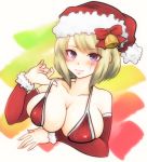  1girl absurdres bell blonde_hair blush bow breasts cleavage collarbone detached_sleeves eyes facial_scar fur-trimmed_hat fur-trimmed_sleeves fur_trim gintama hat hat_bow highres large_breasts long_sleeves looking_at_viewer paleatus purple_eyes red_bikini_top red_bow red_headwear red_sleeves scar scar_on_cheek short_hair smile solo tsukuyo_(gintama) upper_body white_background 