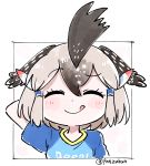  1girl :q ^_^ arm_behind_head artist_name bangs black_hair chibi closed_eyes clothes_writing commentary_request eyebrows_visible_through_hair eyes_closed facing_viewer feathers frame greater_roadrunner_(kemono_friends) grey_hair hair_between_eyes hair_feathers hair_ornament head_wings highres kemono_friends mismatched_eyebrows panzuban raglan_sleeves shirt short_hair simple_background smile solo t-shirt tongue tongue_out twitter_username white_background 