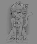  anthro armor bell_collar biped bow_tie collar digital_media_(artwork) domestic_cat felid feline felis female food grey_background half-closed_eyes helmet hi_res long_tail looking_at_viewer mammal monochrome napalm_express navel nude pizza polly_esther pose samurai_pizza_cats simple_background solo 