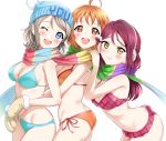  3girls :d ;d ahoge bangs bare_shoulders beanie bikini blue_bikini blue_eyes blue_headwear blush breasts character_name cleavage clothes_writing earmuffs frilled_bikini frills fur_trim girl_sandwich grey_hair hair_ornament hands_on_another&#039;s_shoulders hat lips long_hair looking_at_viewer love_live! love_live!_sunshine!! medium_breasts mittens multicolored multicolored_clothes multicolored_scarf multiple_girls one_eye_closed open_mouth orange_bikini orange_hair plaid plaid_bikini red_bikini red_eyes red_hair rozen5 sakurauchi_riko sandwiched scarf shared_scarf short_hair side-tie_bikini sideboob simple_background smile swimsuit takami_chika teeth upper_teeth watanabe_you white_background yellow_eyes 