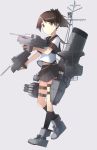 1girl adapted_turret black_sailor_collar black_skirt brown_hair full_body grey_background highres kantai_collection looking_at_viewer machinery original_remodel_(kantai_collection) pleated_skirt ponytail sailor_collar school_uniform serafuku shikinami_(kantai_collection) short_hair short_ponytail simple_background skirt smokestack solo standing weasel_(close-to-the-edge) 