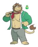  2019 anthro belly blush bulge clothed clothing felid green_eyes hi_res lion male mammal moobs necktie nipples open_shirt oz_(tas) pantherine pants shirt simple_background solo spookyblain tokyo_afterschool_summoners undressing video_games white_background 