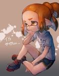  1girl female gradient gradient_background inkling kiitos nintendo pointy_ears sad shirt shoes short_shorts shorts solo splatoon t-shirt tentacle_hair 